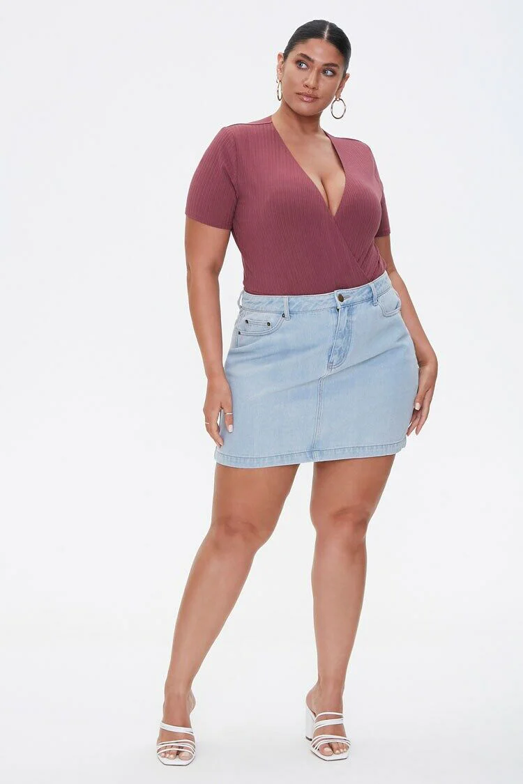 Plus Size Ribbed Surplice Bodysuit - Image 4
