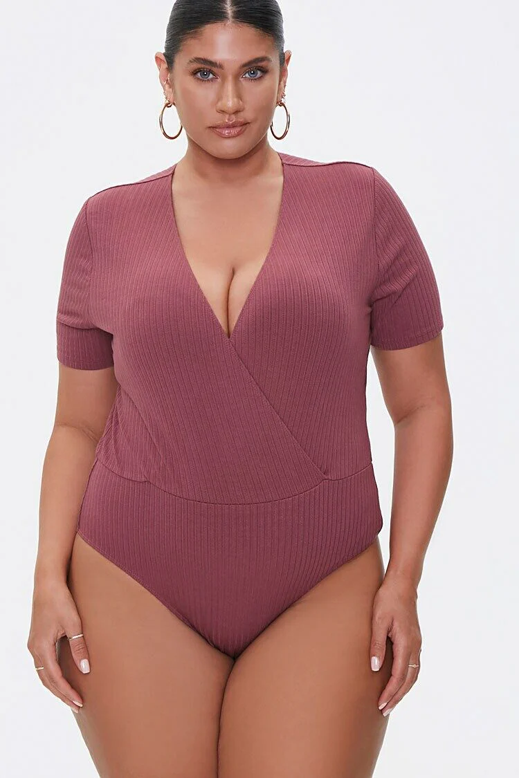 Plus Size Ribbed Surplice Bodysuit - Image 5