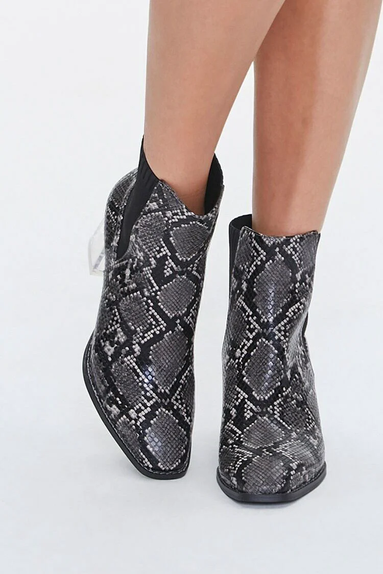 Faux Snakeskin Lucite Booties - Image 4