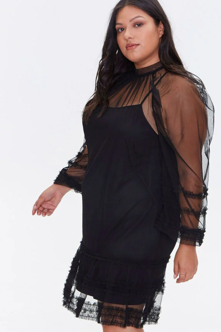 Plus Size Ruffled Mesh Mini Dress - Image 2