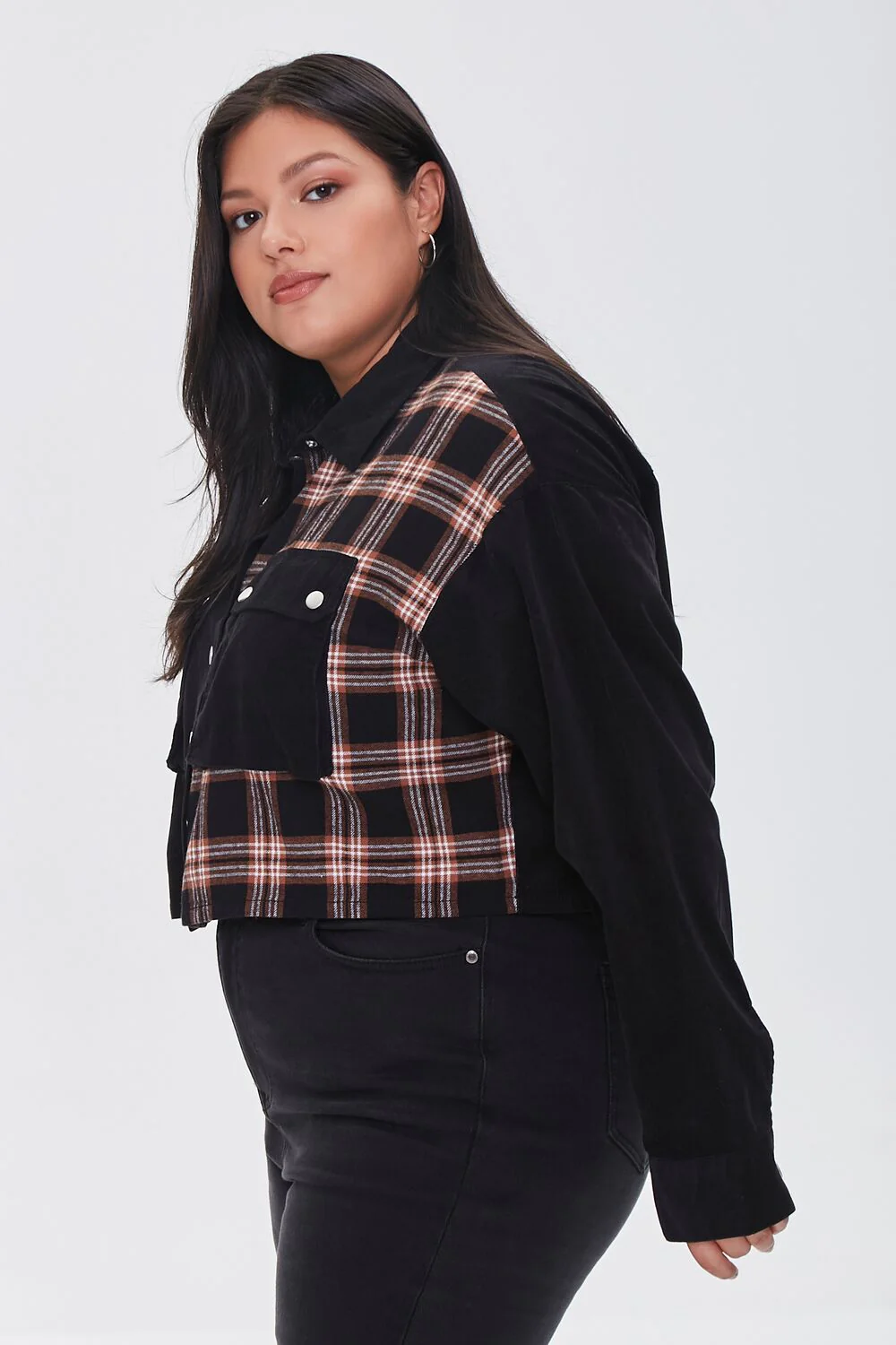 Plus Size Cropped Corduroy Plaid Shirt - Image 2