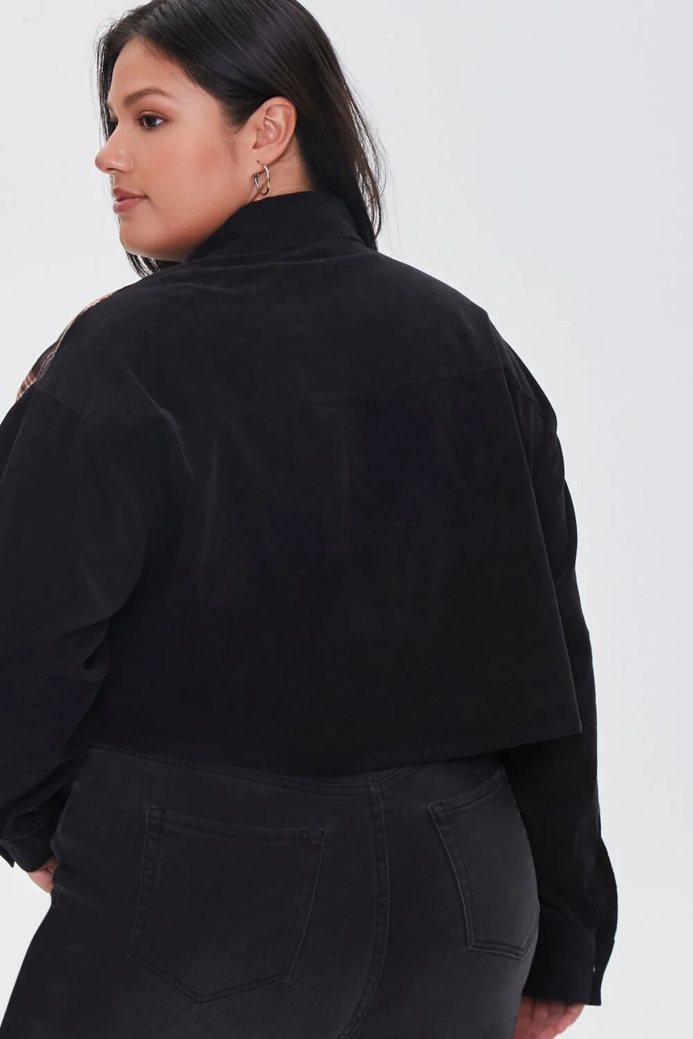 Plus Size Cropped Corduroy Plaid Shirt - Image 3