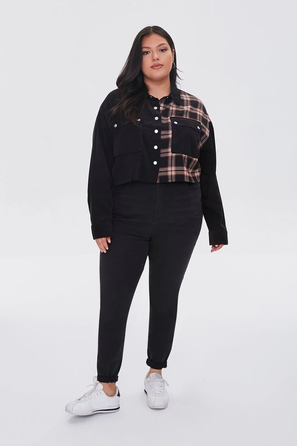 Plus Size Cropped Corduroy Plaid Shirt - Image 4