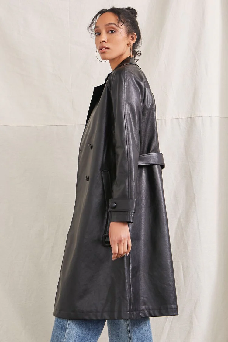 Faux Leather Double-Breasted Trench Coat - Image 2