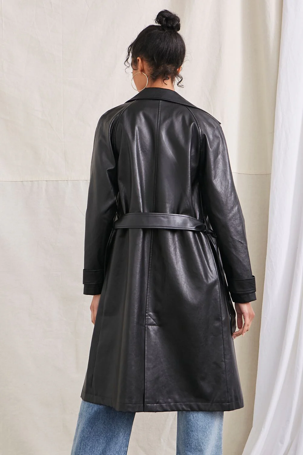 Faux Leather Double-Breasted Trench Coat - Image 3