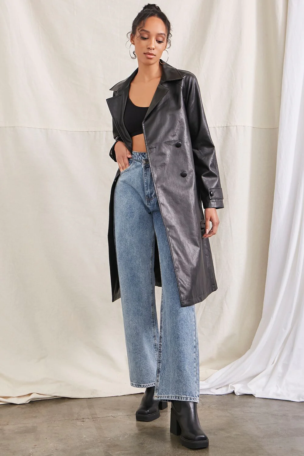 Faux Leather Double-Breasted Trench Coat - Image 4