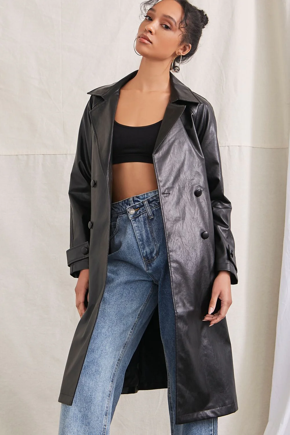 Faux Leather Double-Breasted Trench Coat - Image 5