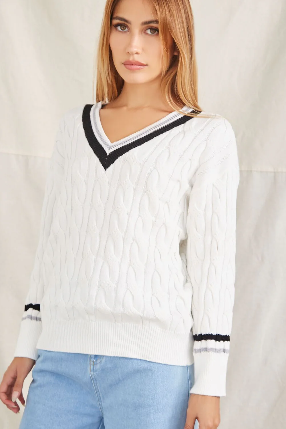 Striped-Trim Cable Knit Sweater - Image 2