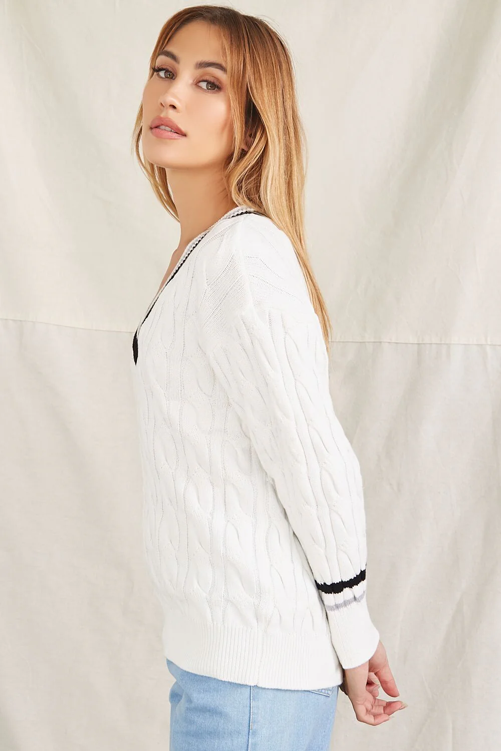 Striped-Trim Cable Knit Sweater - Image 3