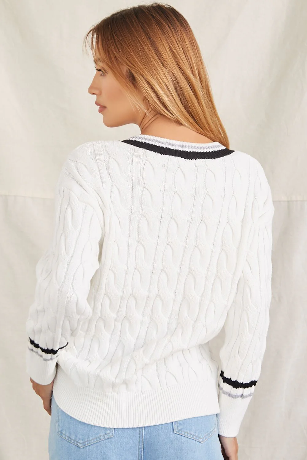 Striped-Trim Cable Knit Sweater - Image 4