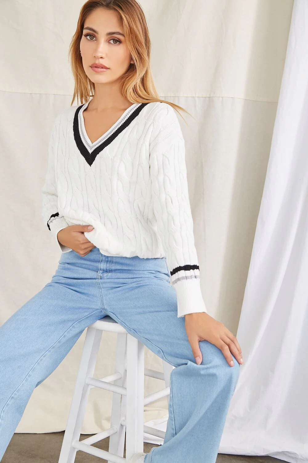 Striped-Trim Cable Knit Sweater - Image 7
