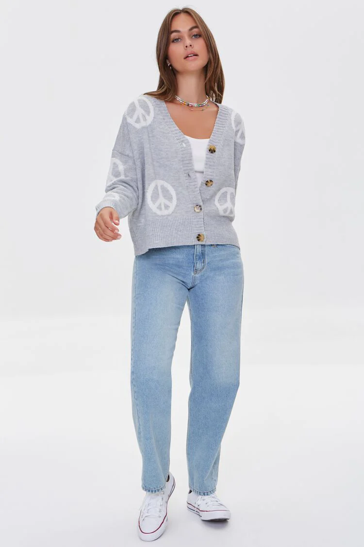Peace Sign Buttoned Cardigan Sweater - Image 4