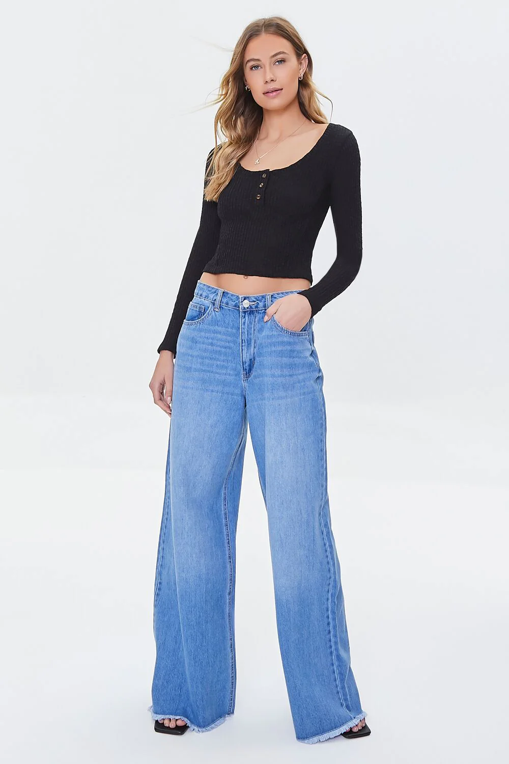 Cropped Rib-Knit Henley - Image 4