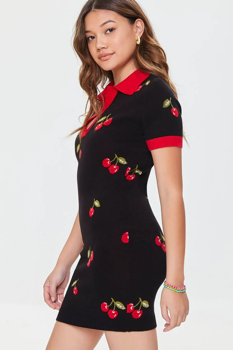 Cherry Split-Neck Sweater Dress - Image 3