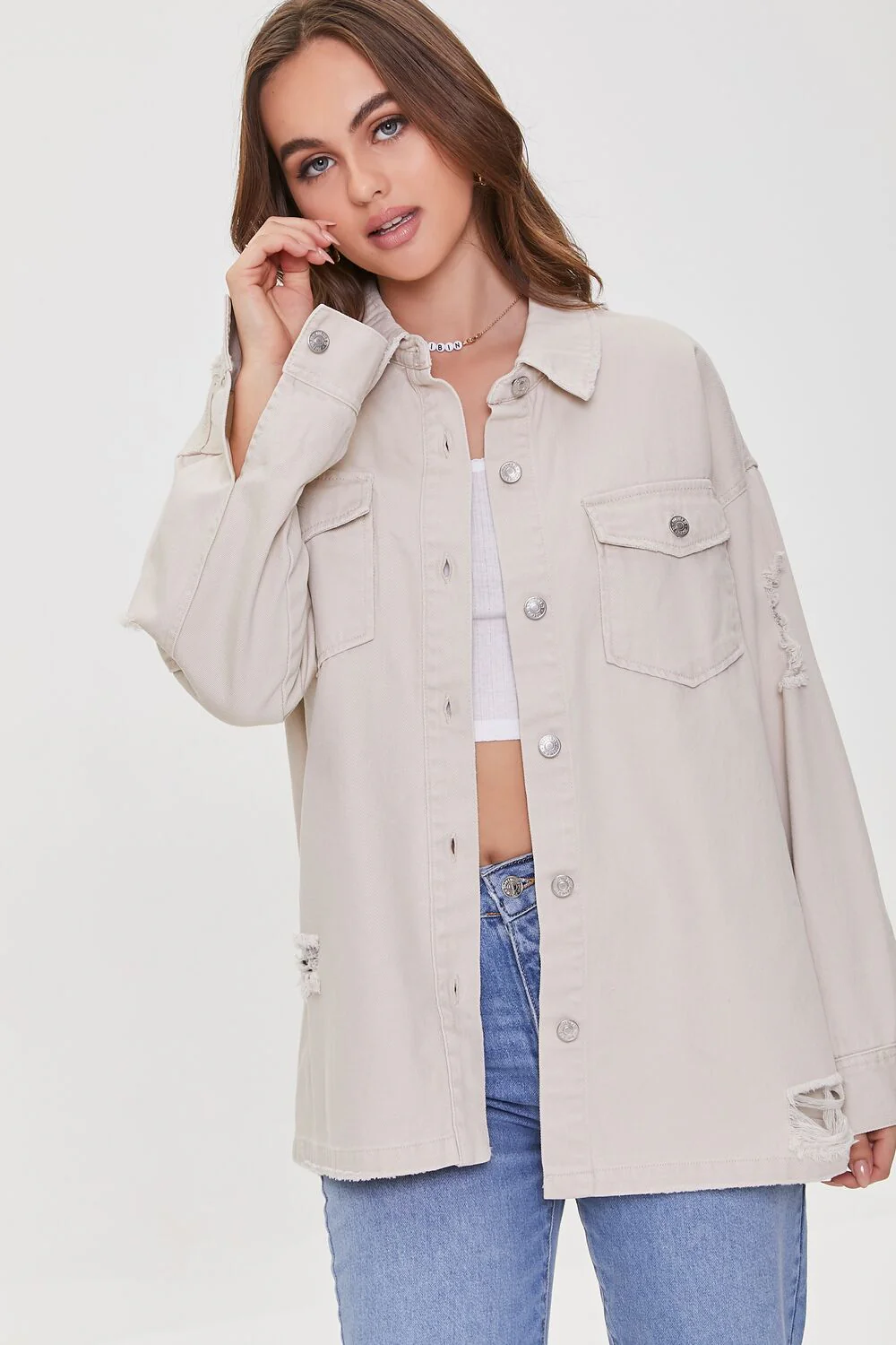 Distressed Twill Shacket - Image 6