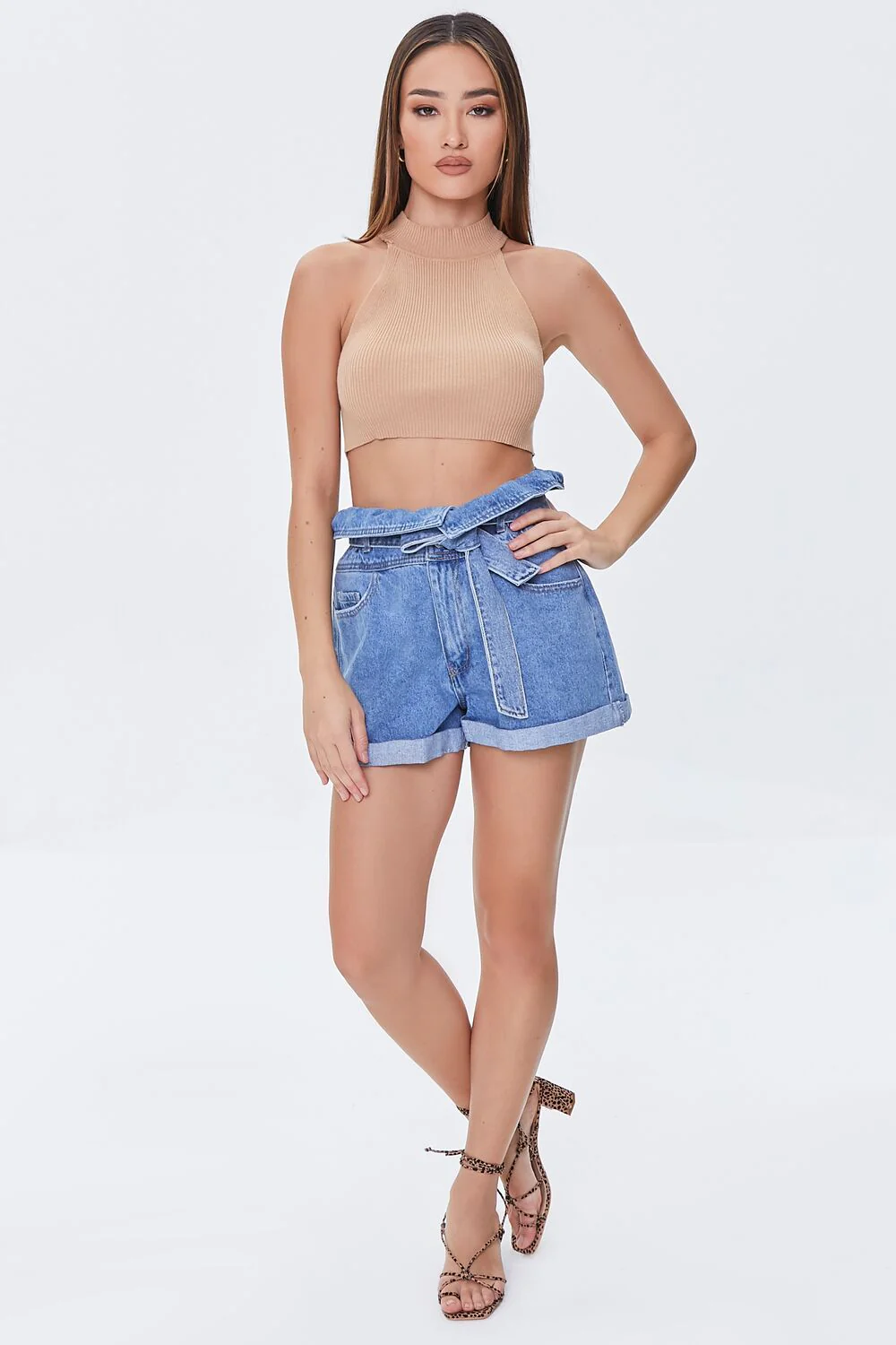 Belted Foldover Denim Shorts - Image 5