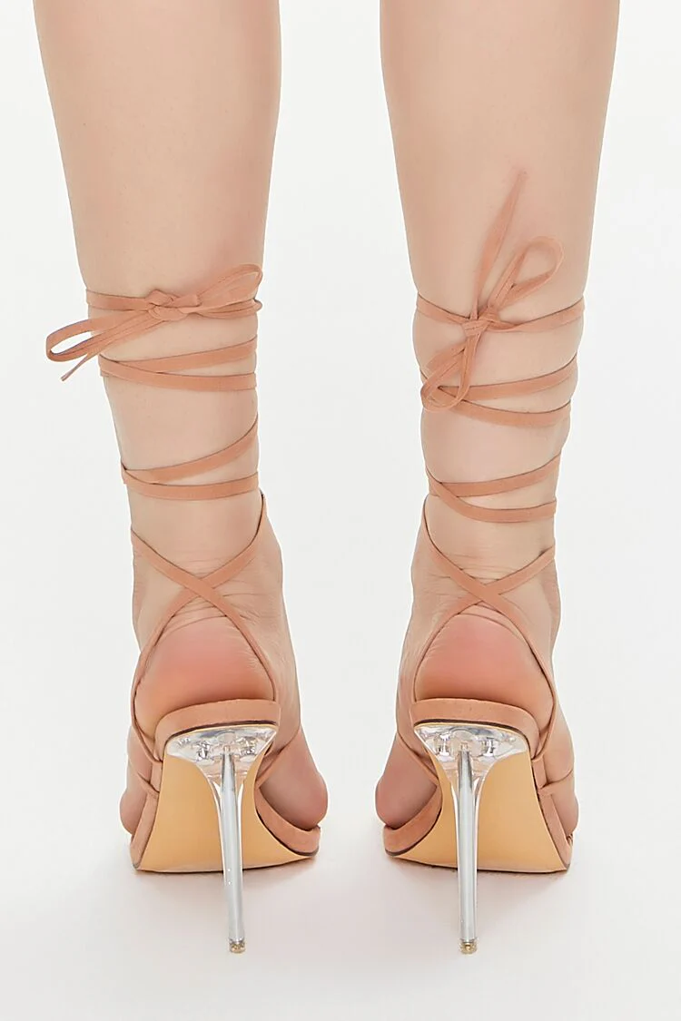 Faux Suede Lace-Up Lucite Heels - Image 3