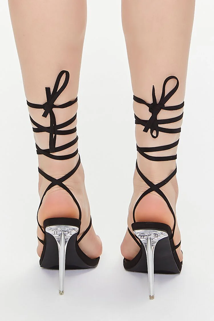 Faux Suede Lace-Up Lucite Heels - Image 8