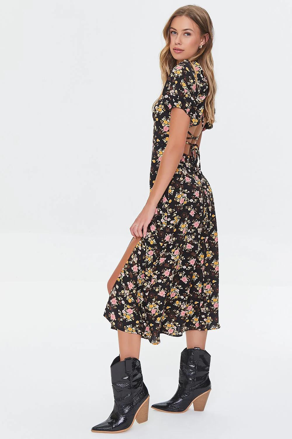Floral Print Lace-Back Satin Dress - Image 2