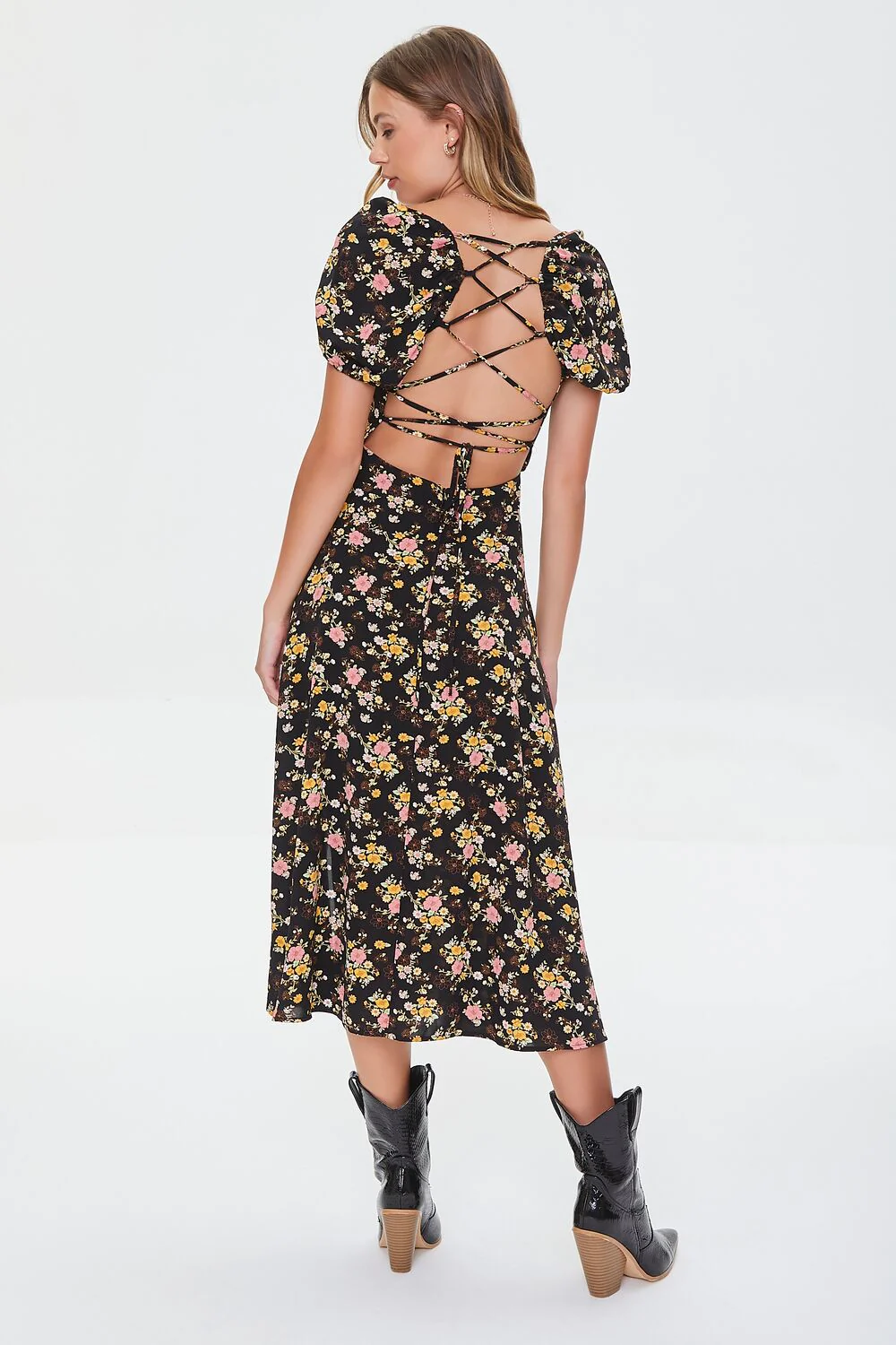 Floral Print Lace-Back Satin Dress - Image 3