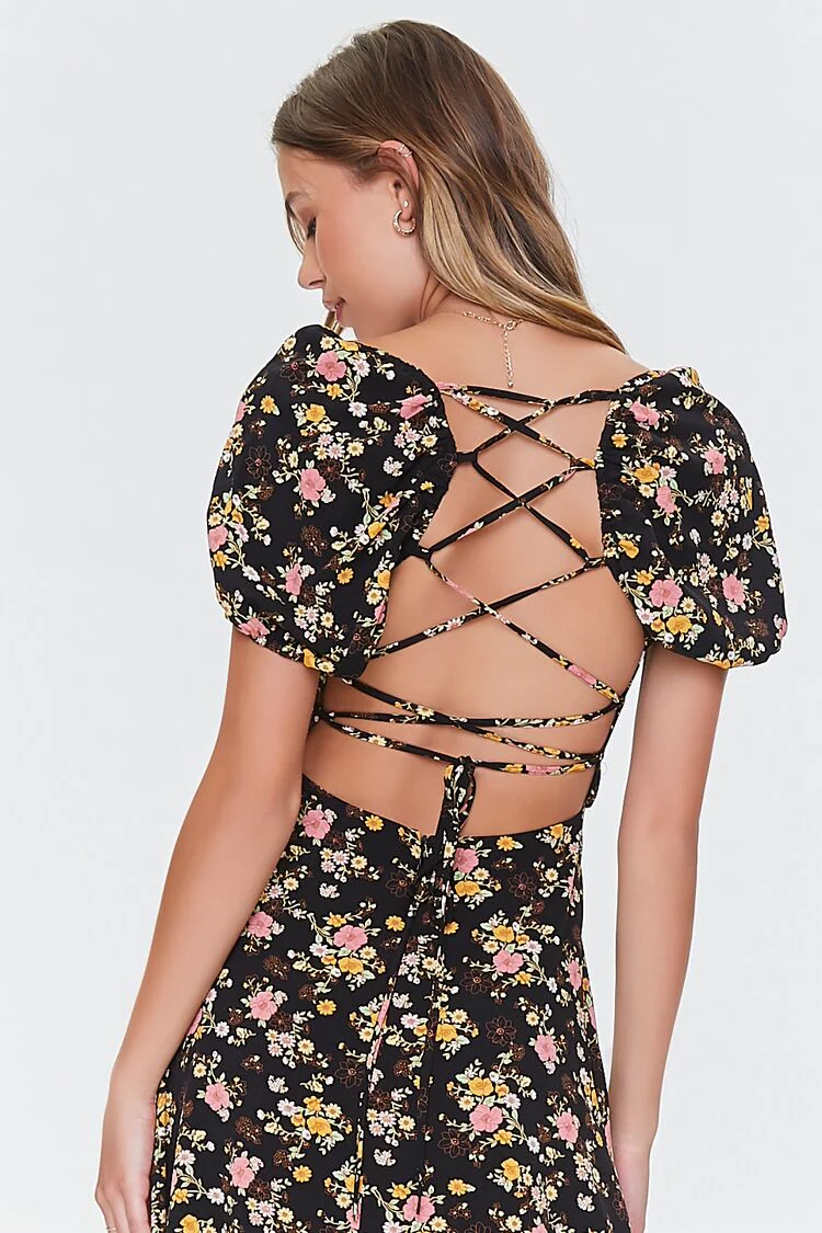 Floral Print Lace-Back Satin Dress - Image 5