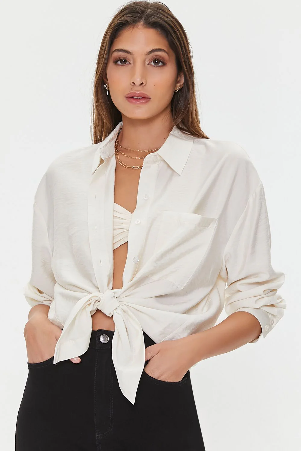 Crepe Button-Front Longline Shirt - Image 5