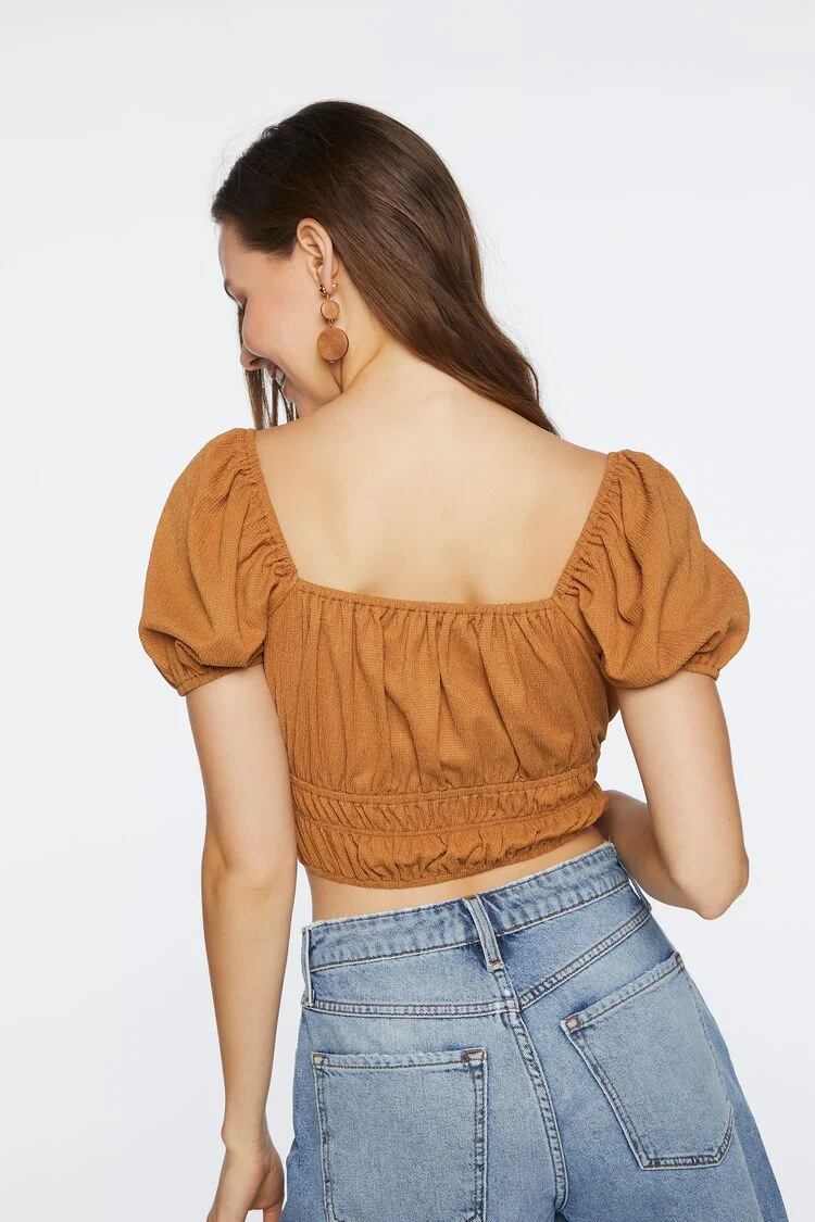 Ruched Puff-Sleeve Crop Top - Image 3