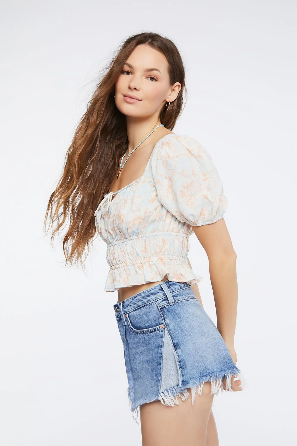 Floral Print Puff-Sleeve Crop Top - Image 2