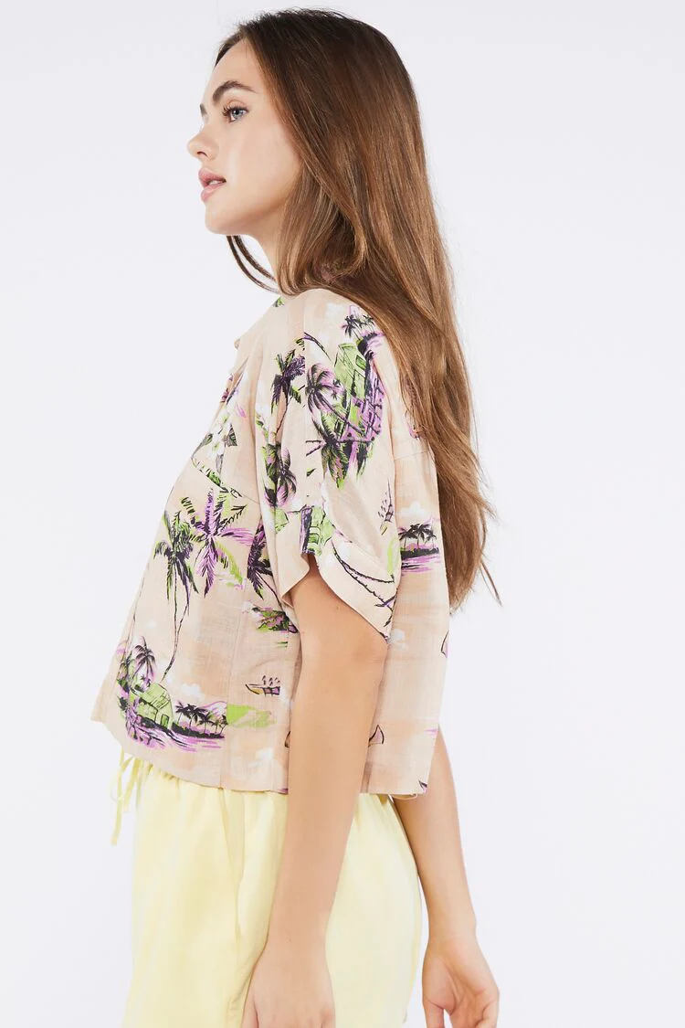 Tropical Print Linen-Blend Shirt - Image 2