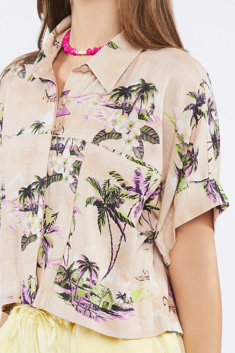 Tropical Print Linen-Blend Shirt - Image 5