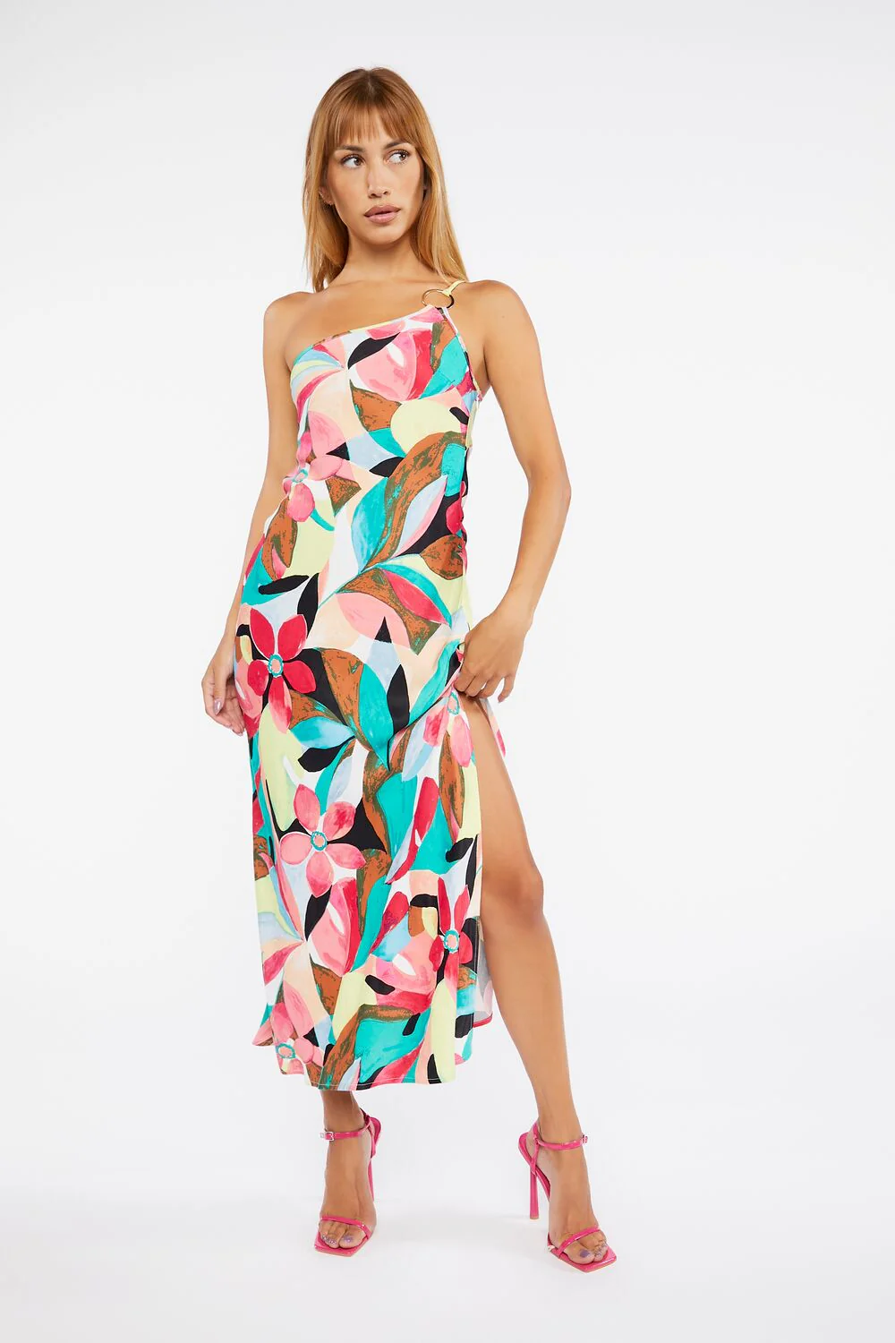 Abstract Floral One-Shoulder Dress - Image 4