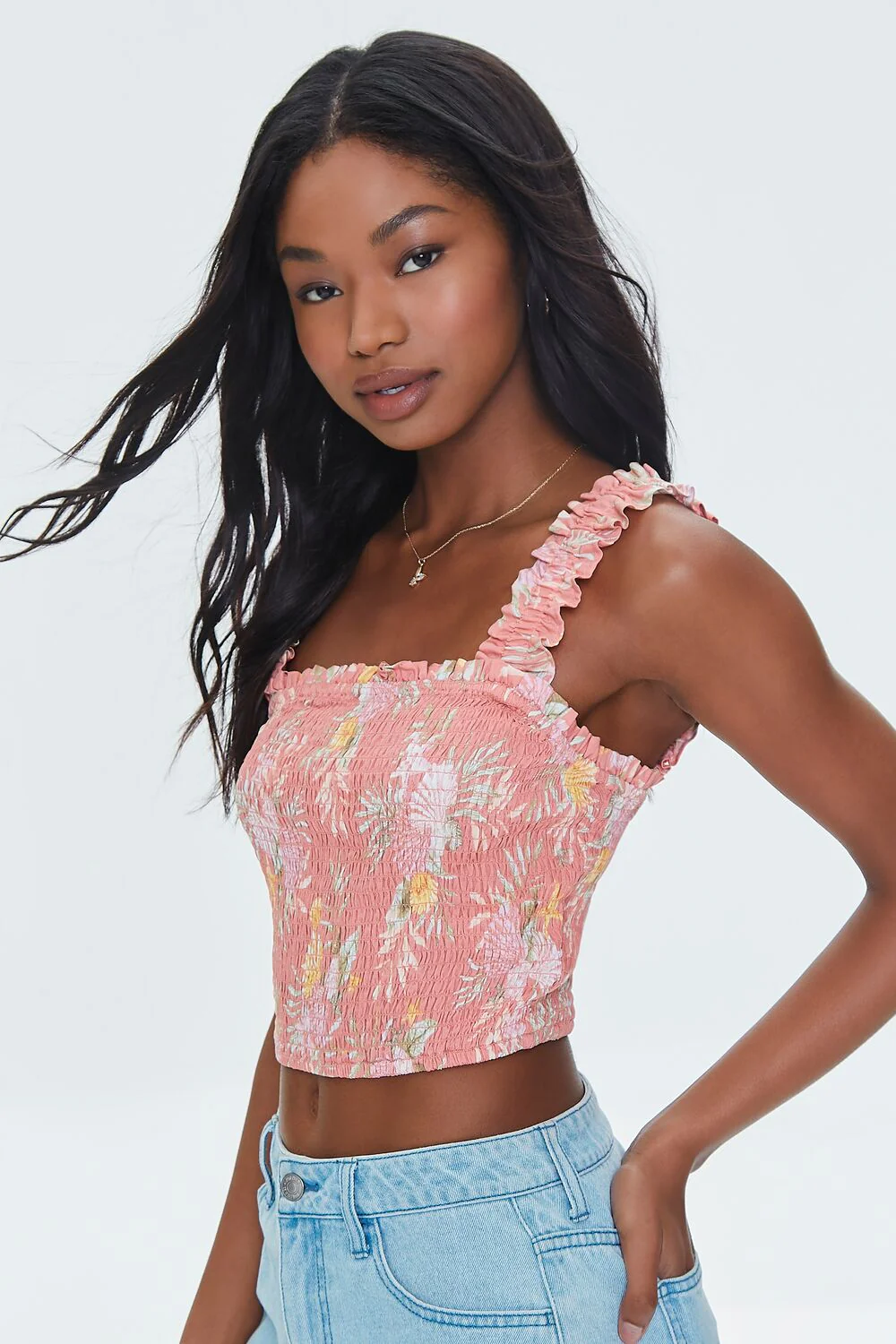 Tropical Leaf Smocked Crop Top - Image 2