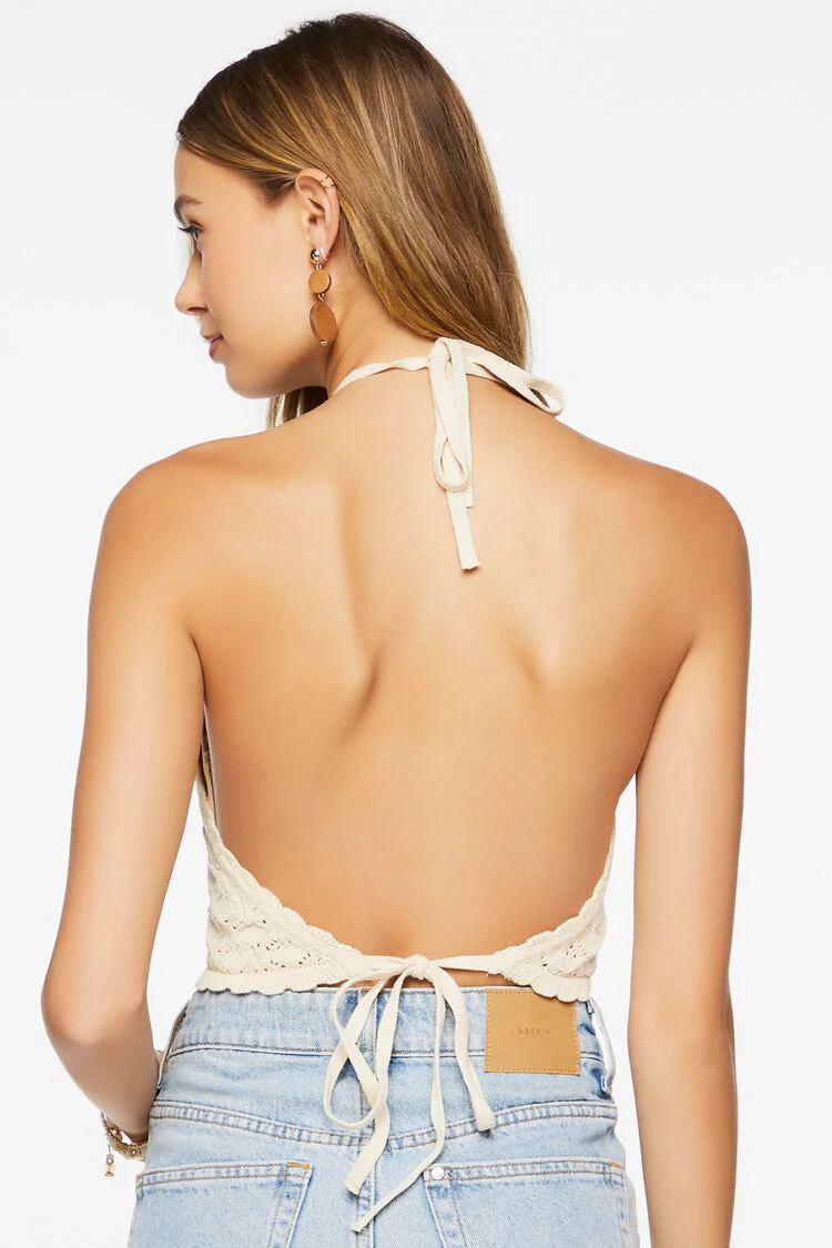 Pointelle Knit Cropped Halter Top - Image 3