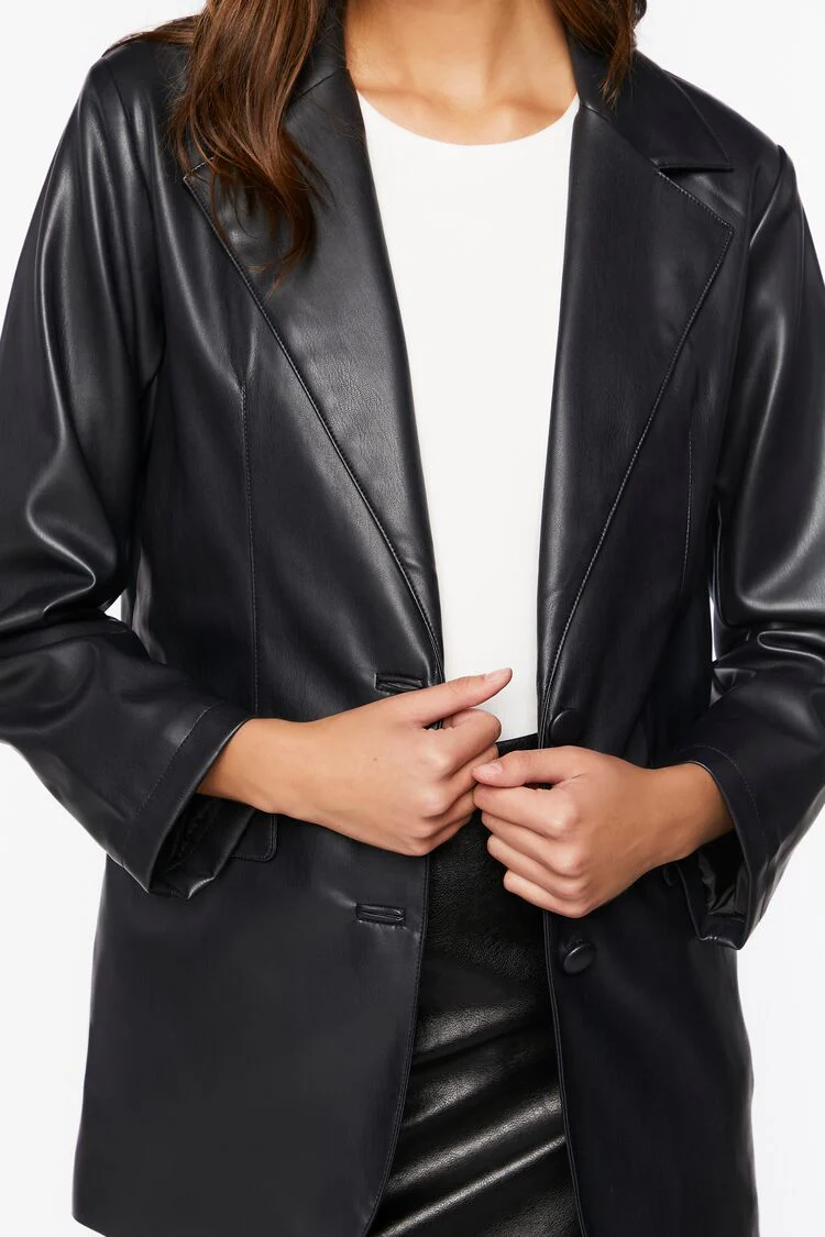 Notched Faux Leather Blazer - Image 5