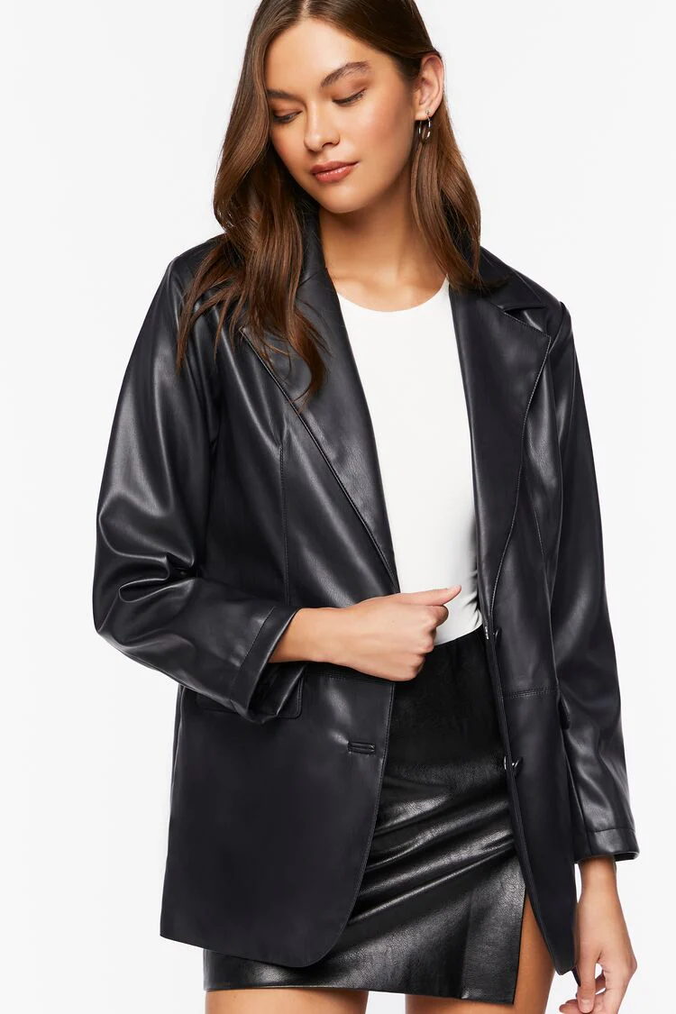 Notched Faux Leather Blazer - Image 6