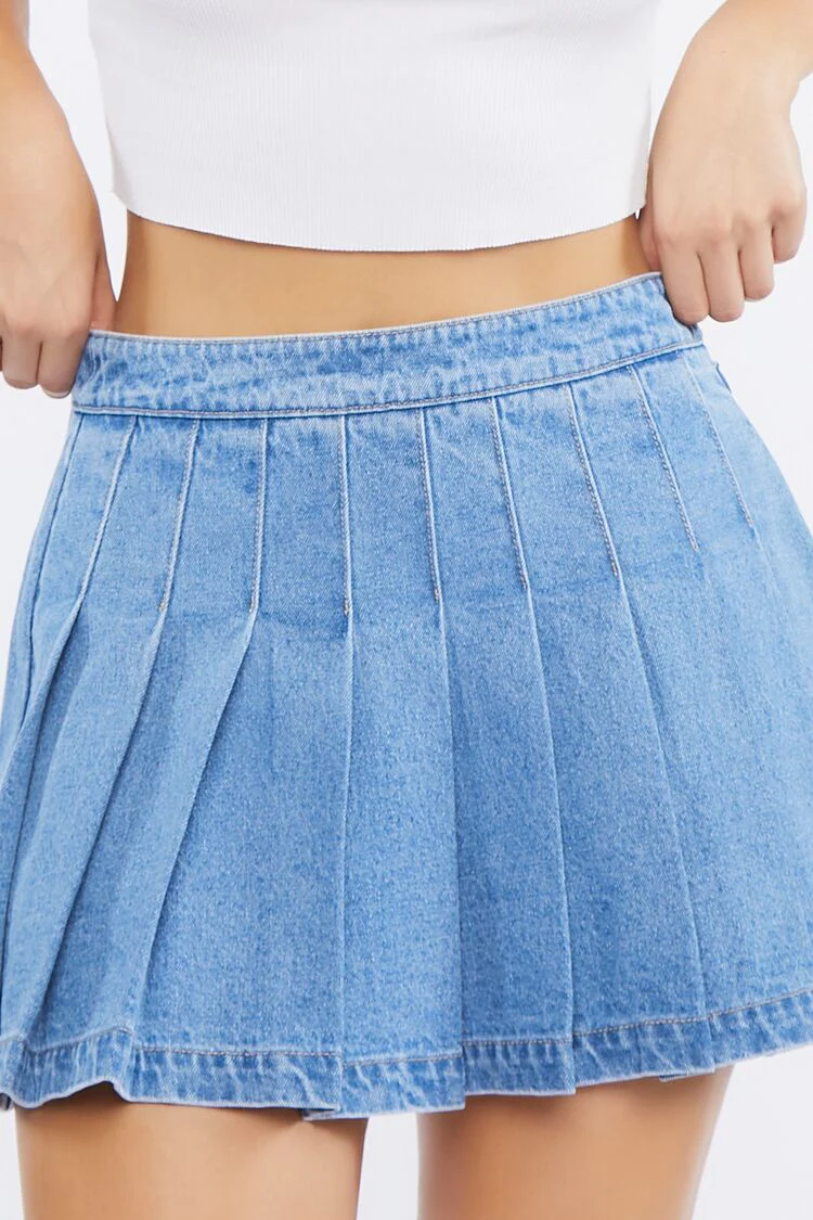 Pleated Denim Mini Skirt - Image 6
