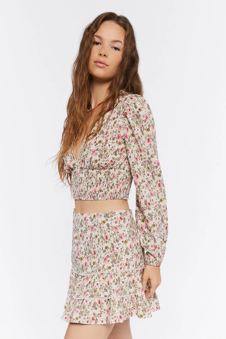 Floral Print Crop Top & Mini Skirt Set - Image 2