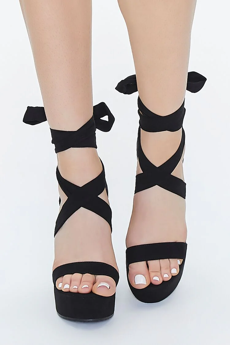 Faux Suede Lace-Up Platform Heels - Image 4
