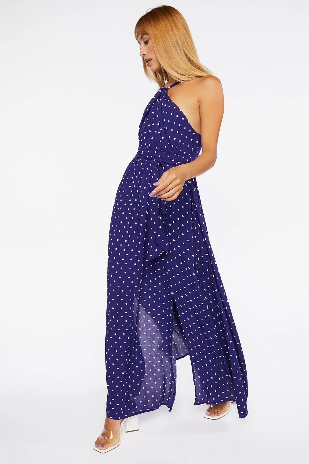 Belted Polka Dot Halter Maxi Dress - Image 2