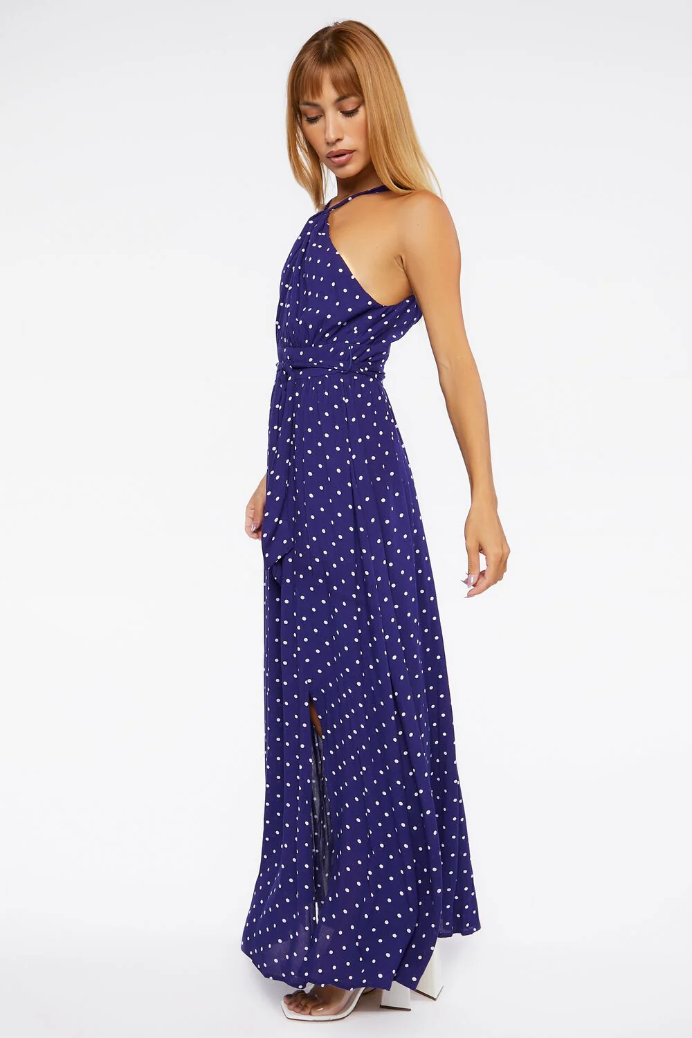 Belted Polka Dot Halter Maxi Dress - Image 3