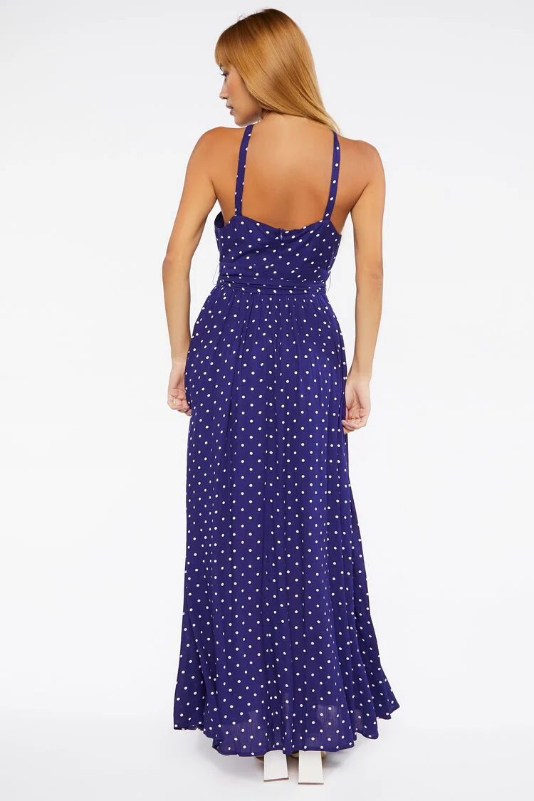 Belted Polka Dot Halter Maxi Dress - Image 4