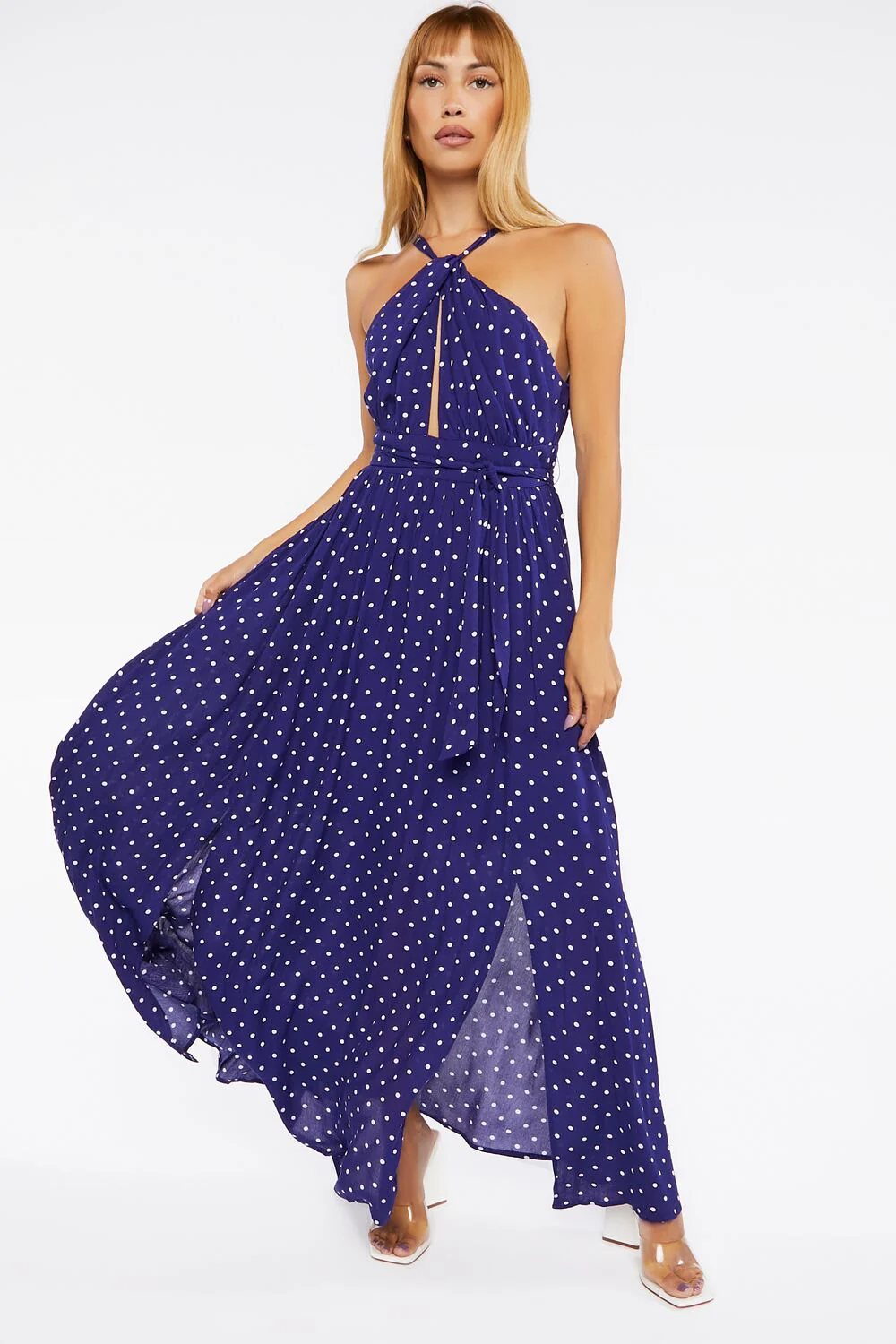 Belted Polka Dot Halter Maxi Dress - Image 5