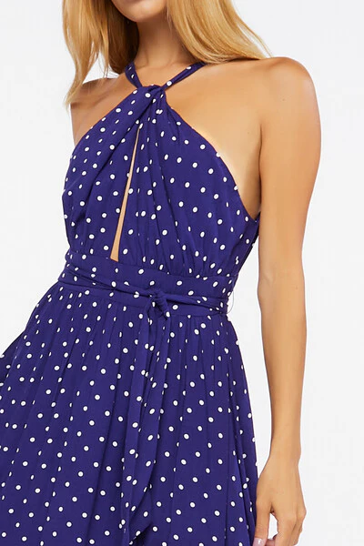 Belted Polka Dot Halter Maxi Dress - Image 6