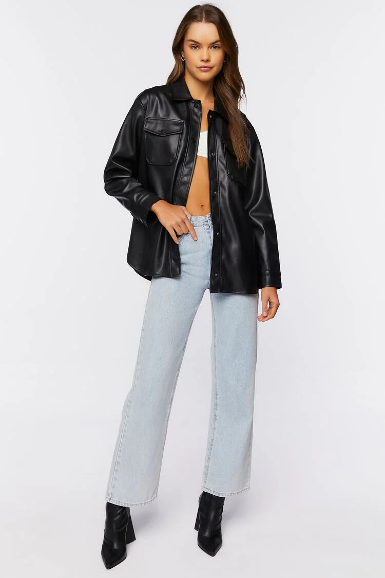 Faux Leather Dolphin-Hem Shacket - Image 4