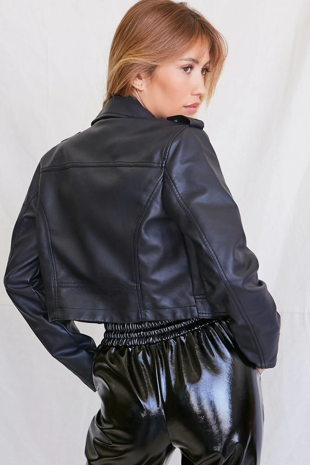 Faux Leather Cropped Moto Jacket - Image 3