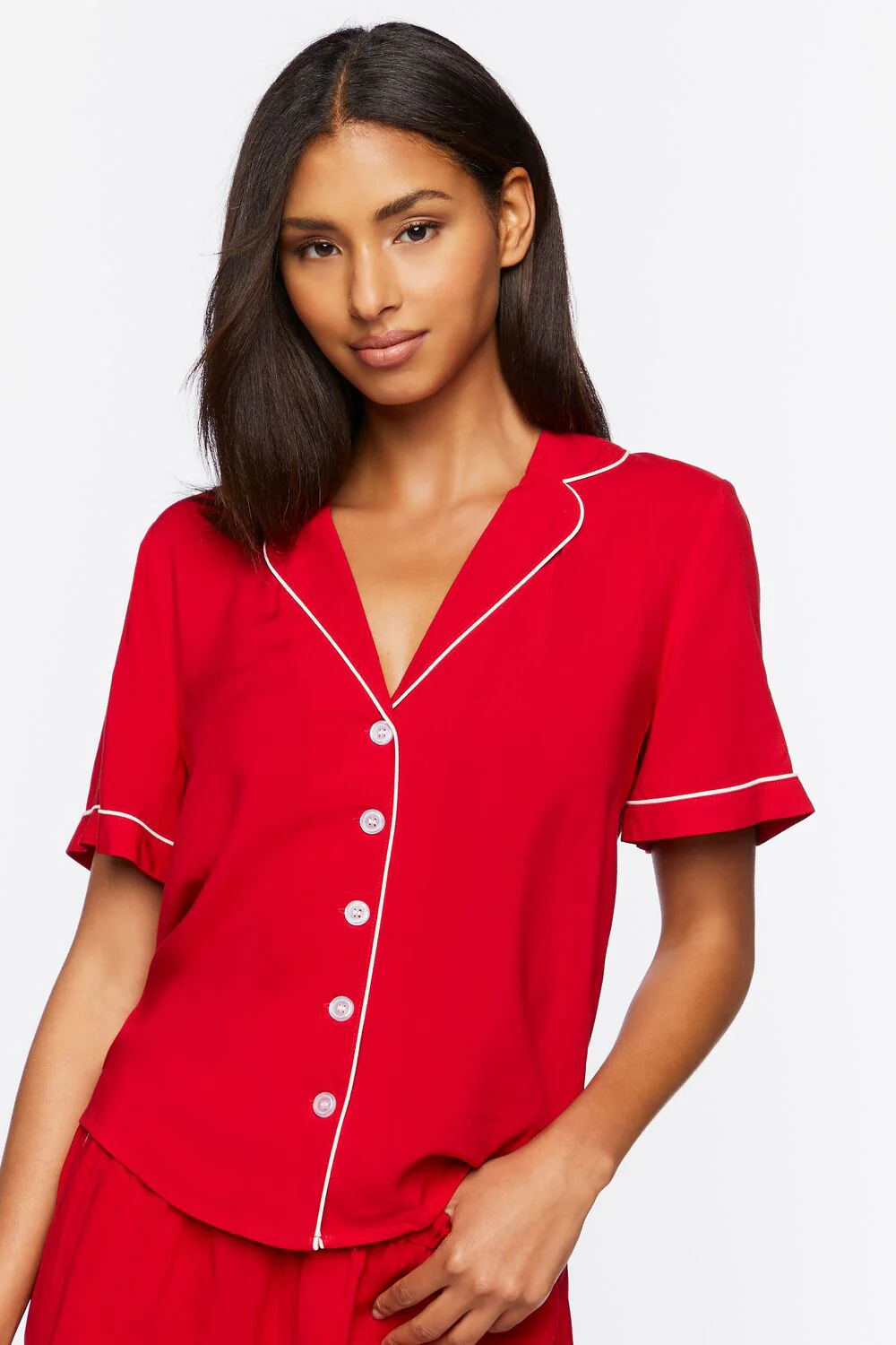 Piped-Trim Shirt & Shorts Pajama Set - Image 4
