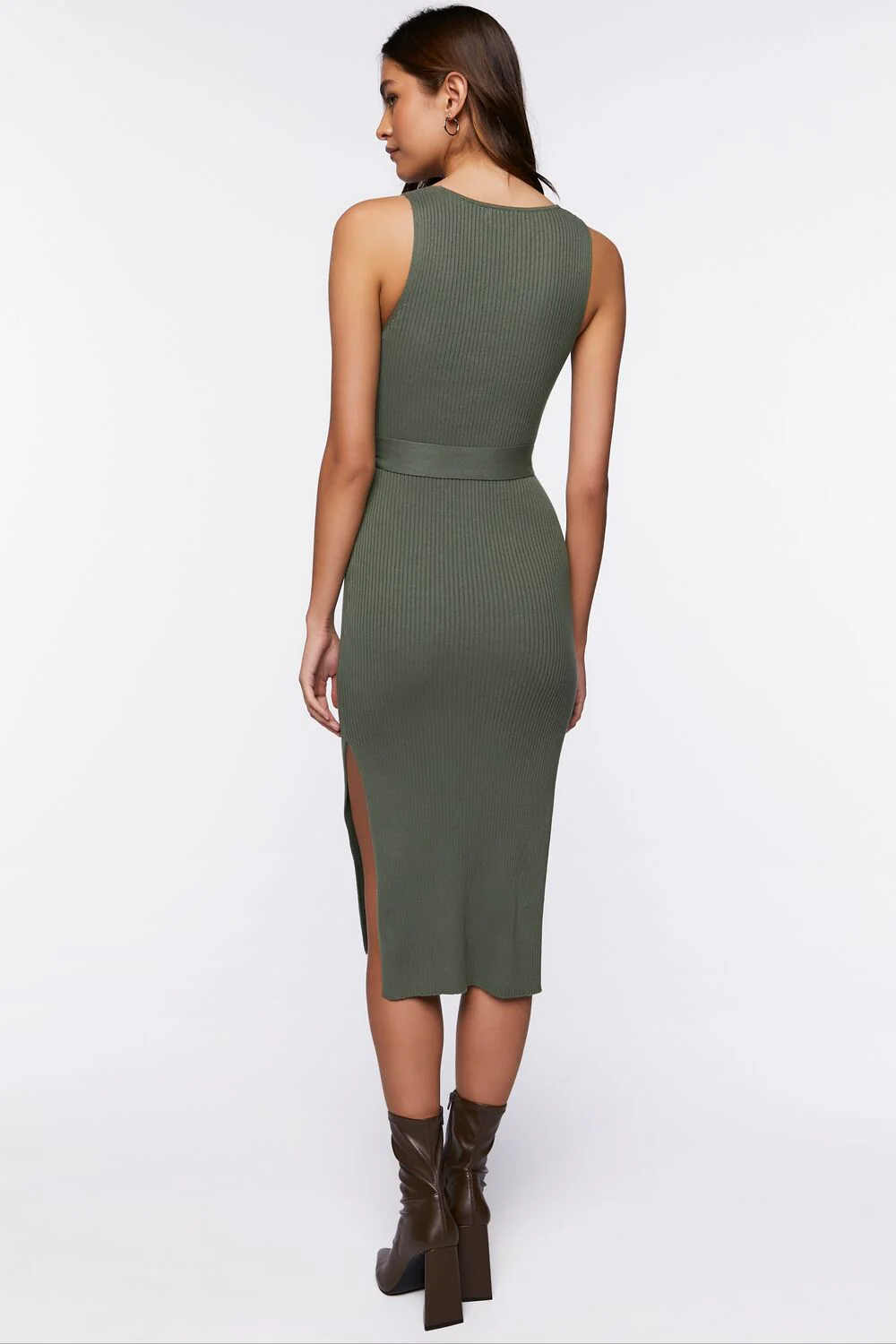 Belted Ribbed M-Slit Midi Dress - Image 3