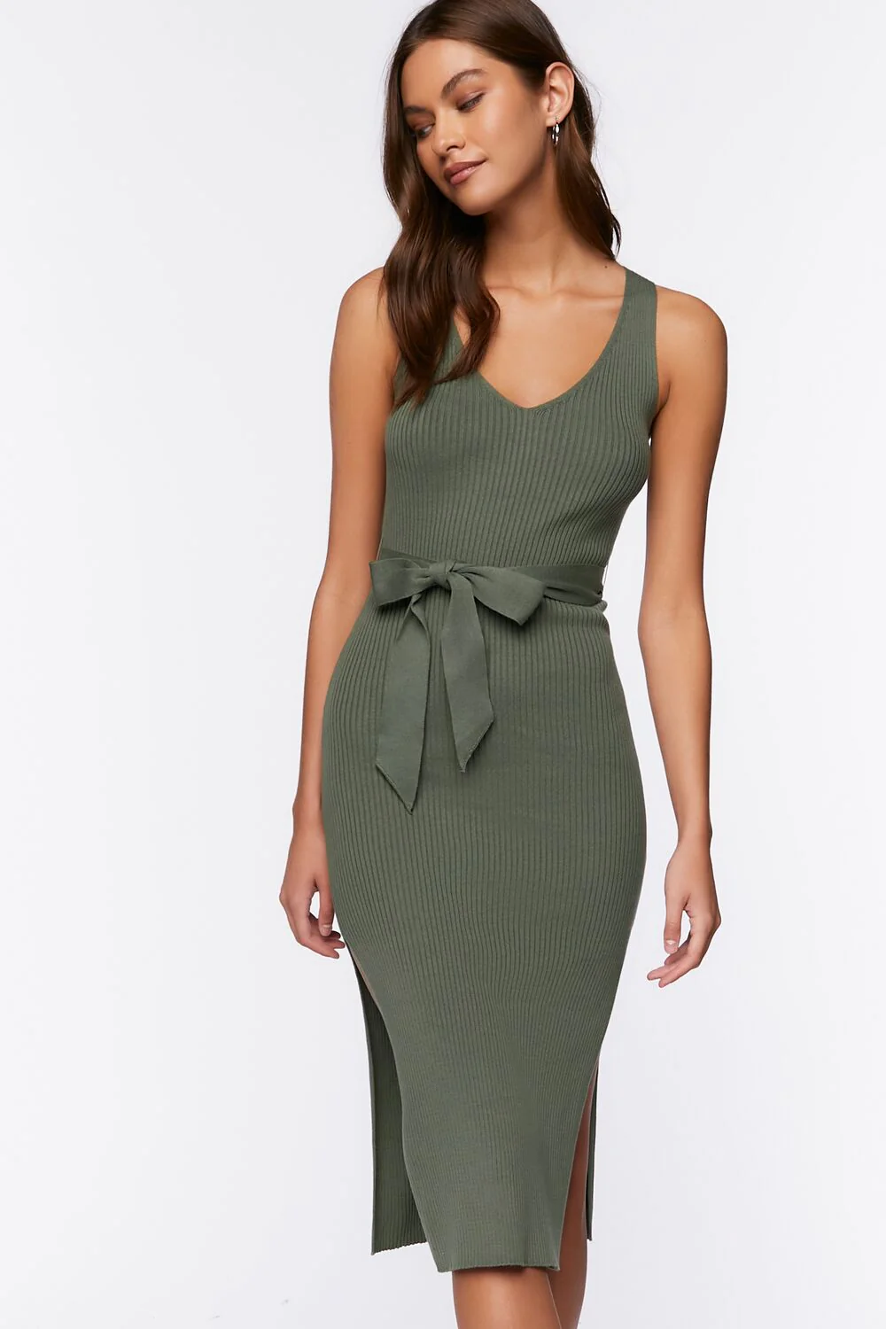 Belted Ribbed M-Slit Midi Dress - Image 4