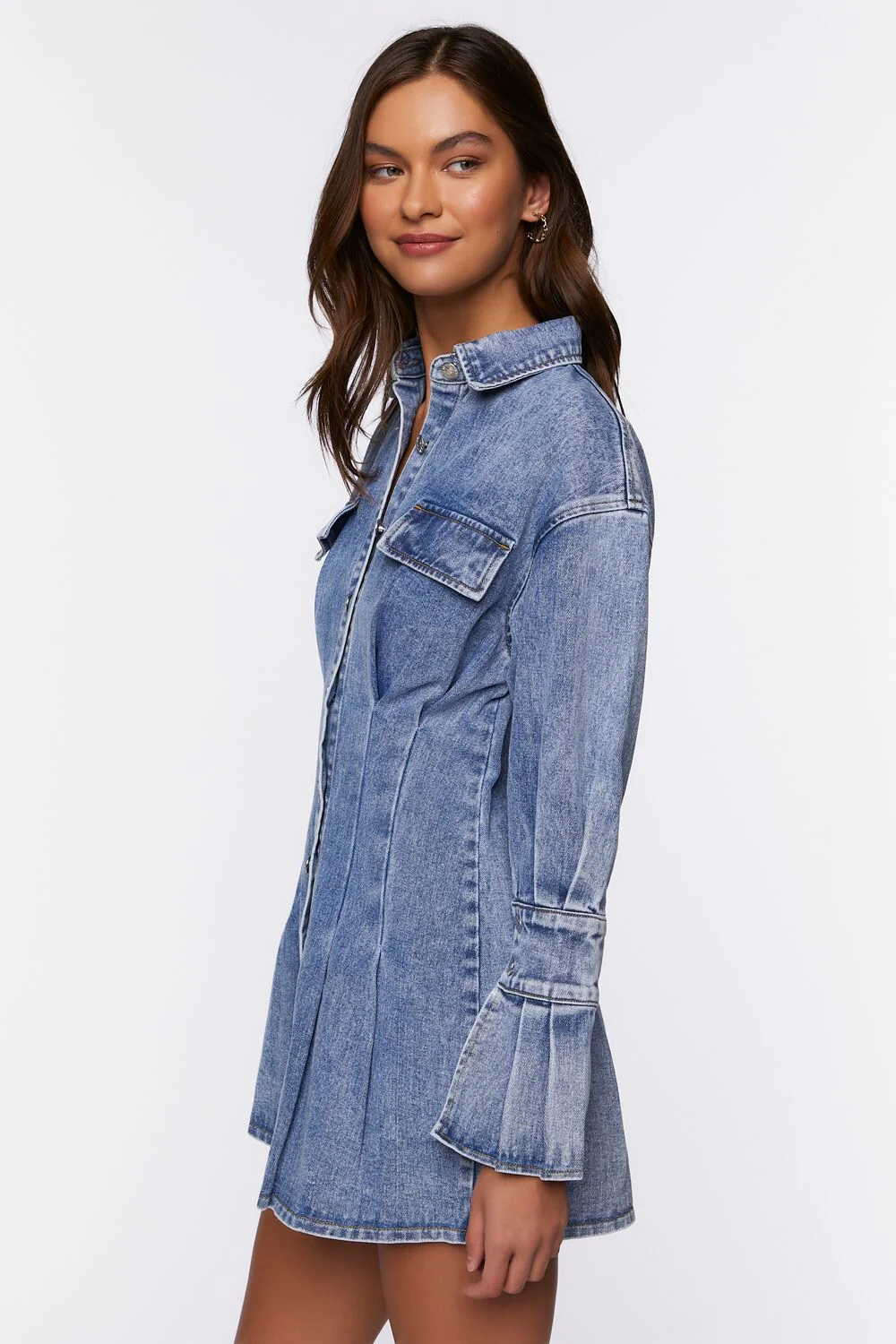 Pintucked Denim Mini Shirt Dress - Image 2