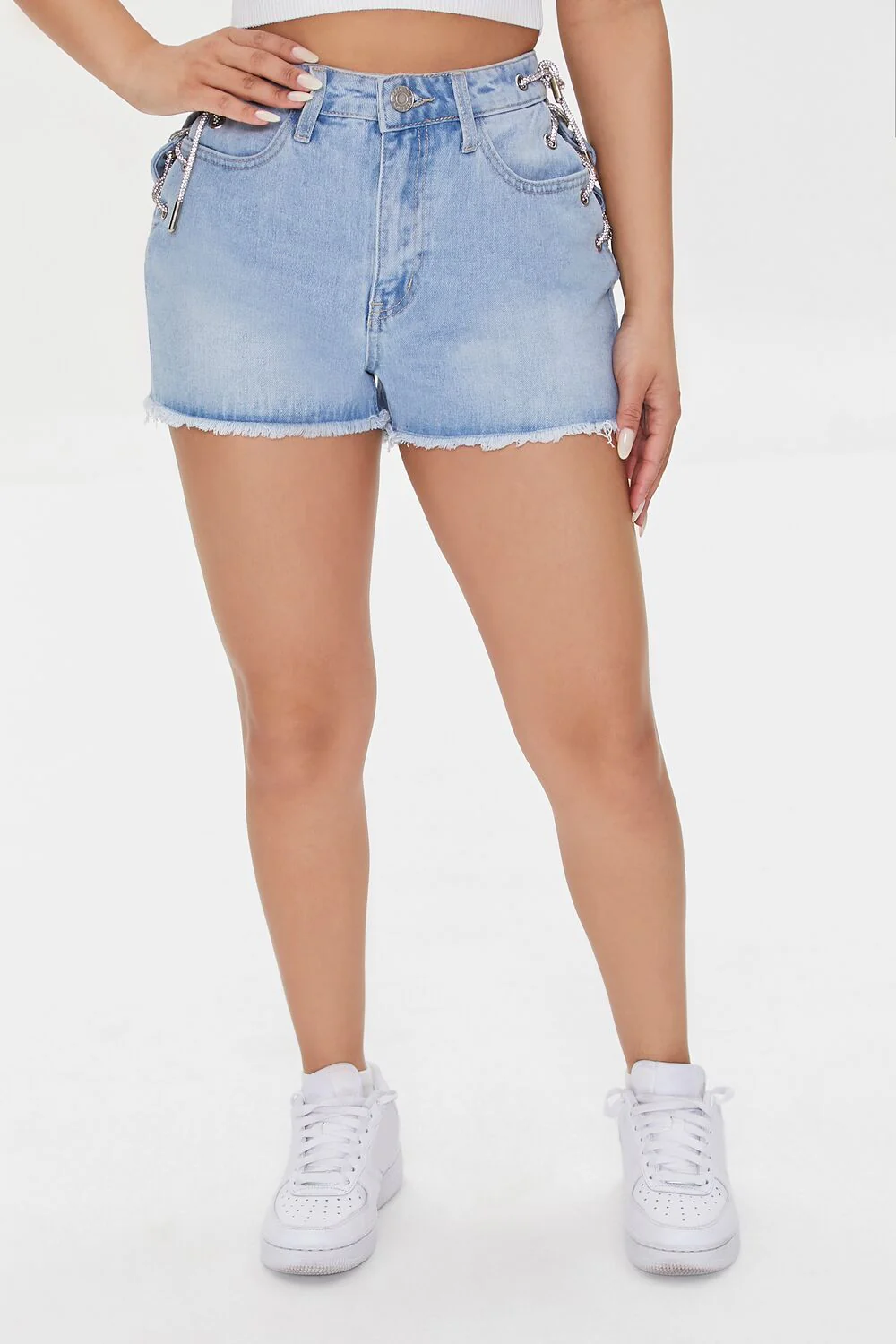Rhinestone Lace-Up Denim Shorts - Image 2